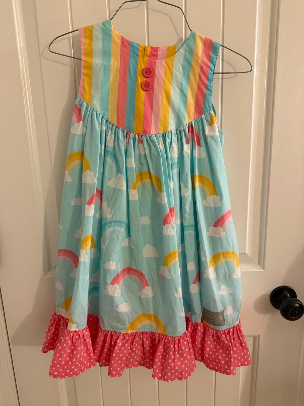 Girls size 8/10 Eleanor Rose Rainbow Cloud Tiered Dress with Pink Polka Ruffle